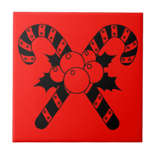 Candy Canes & mistletoe Black Merry Christmas Tile
