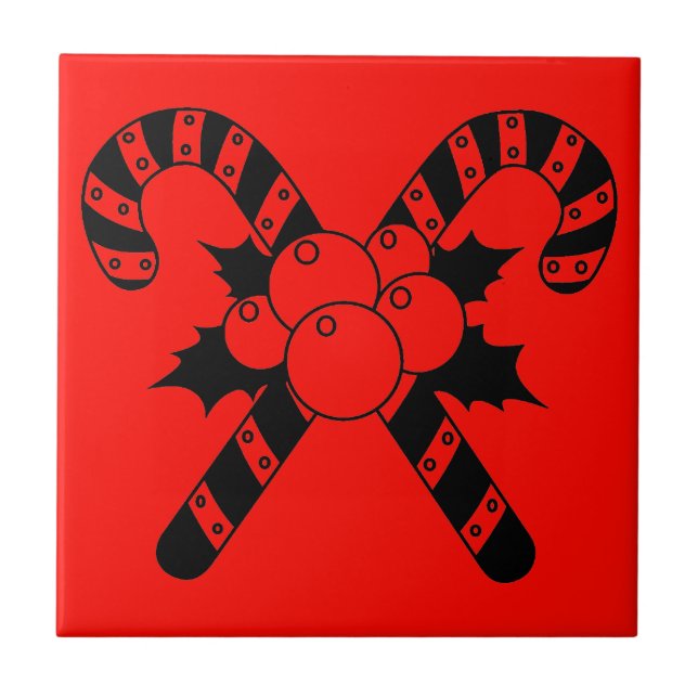 Candy Canes & mistletoe Black Merry Christmas Tile (Front)