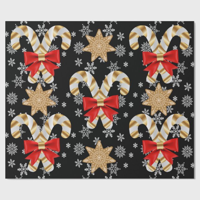 Candy Canes Snowflakes Gingerbread Cookies Wrapping Paper (Flat)