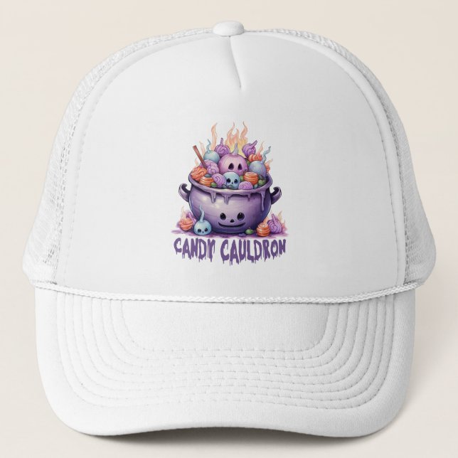 Candy Cauldron – Pastel Purple Halloween Treats Trucker Hat (Front)