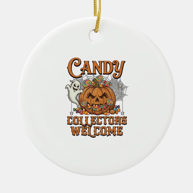 Candy Collectors Welcome Pumpkin Ghost Spider Web Ceramic Tree Decoration (Front)