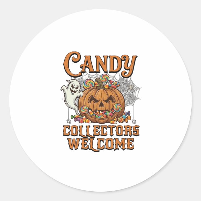 Candy Collectors Welcome Pumpkin Ghost Spider Web Classic Round Sticker (Front)