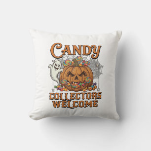 Candy Collectors Welcome Pumpkin Ghost Spider Web Cushion