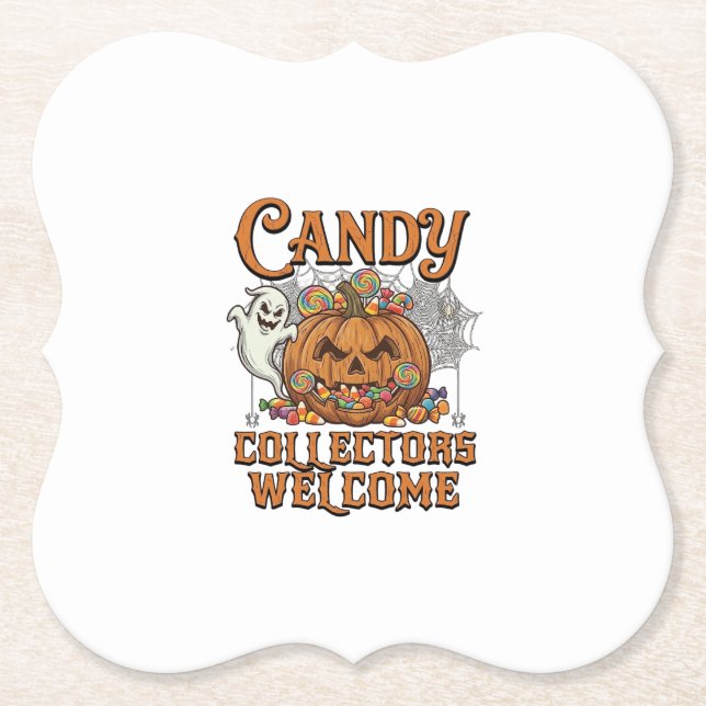 Candy Collectors Welcome Pumpkin Ghost Spider Web Paper Coaster (Front)