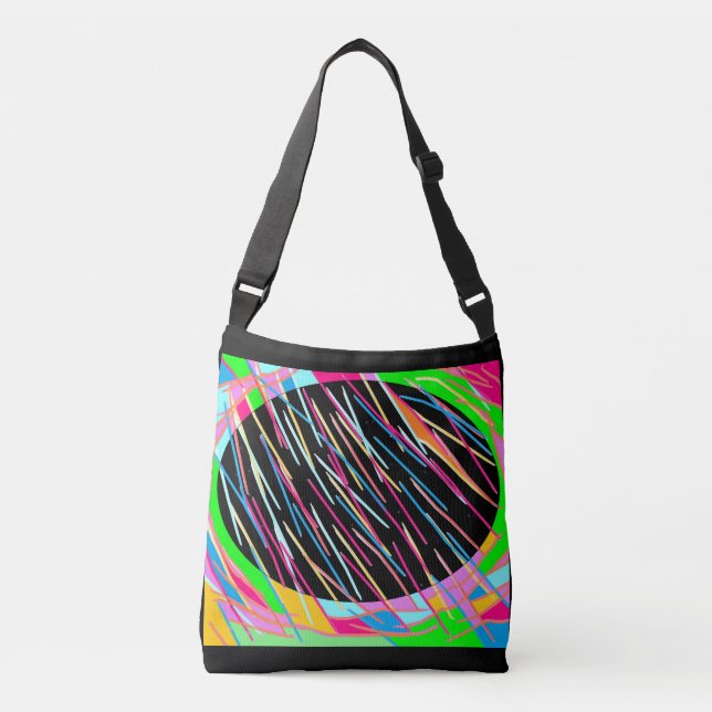 Candy coloured art style design on black backdrop crossbody bag (Front)