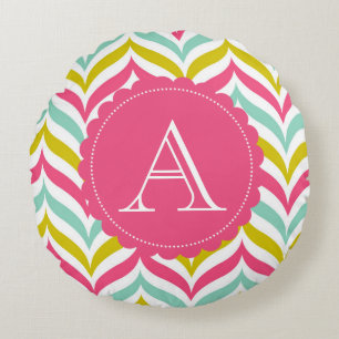 Candy Coloured Chevron Waves Monogram Round Round Cushion