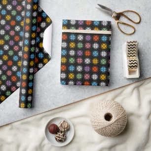 Candy Colours on Black Pixel Snowflake Pattern Wrapping Paper