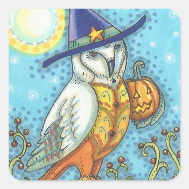 CANDY CORN BARN OWL FOLK ART, HALLOWEEN BIRD SQUARE STICKER (Front)