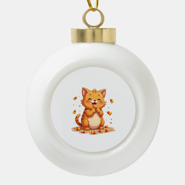 Candy Corn Cat Attack Ceramic Ball Christmas Ornament (Front)