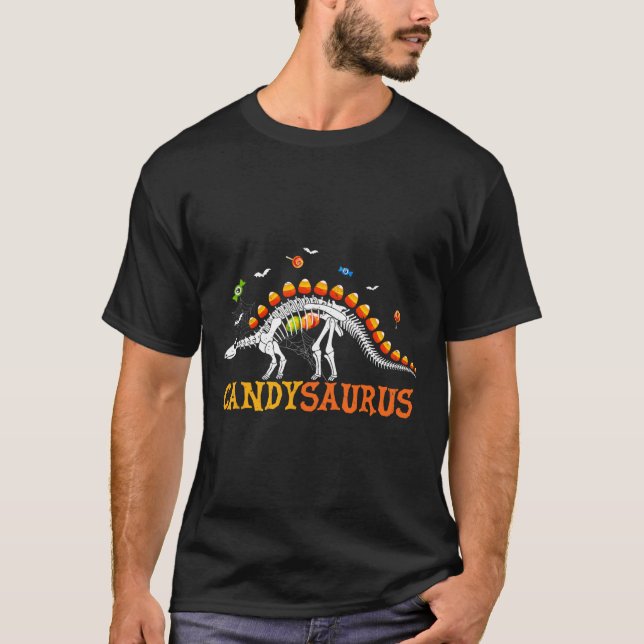 Candy Corn Dinosaur Skeleton Happy Halloween  T-Shirt (Front)