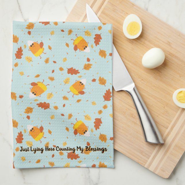 Candy Corn Falling Leaves Thanksgiving Fall Tea Towel (Quarter Fold)