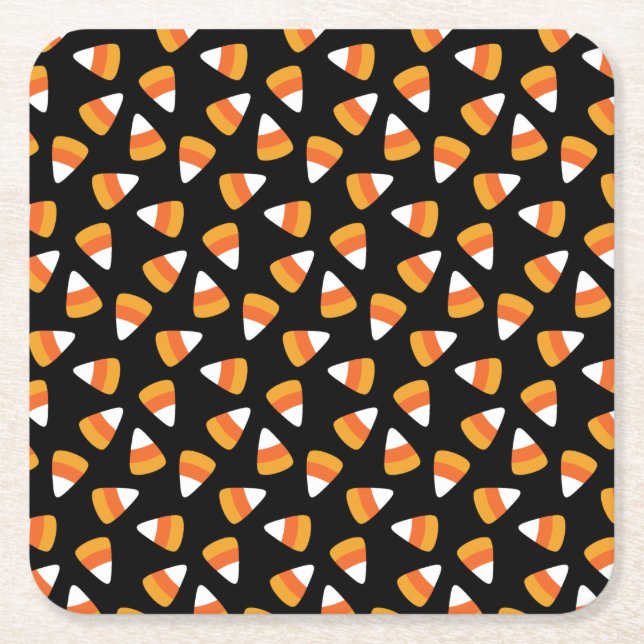 Candy Corn Halloween Black and Orange Square Paper Coaster (Front)