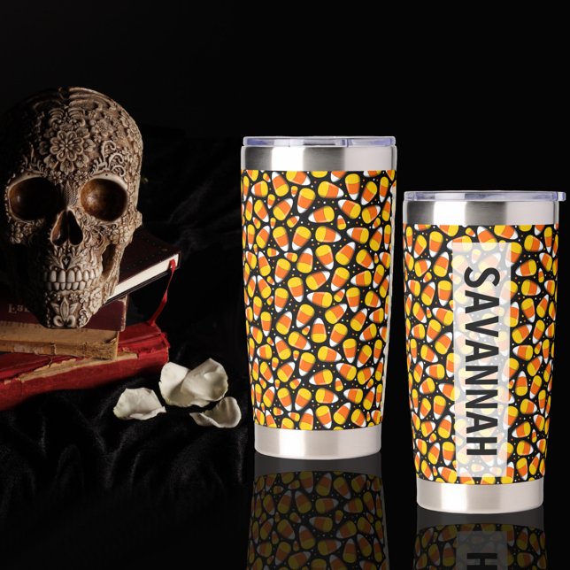 Candy Corn Halloween Custom Name Water Bottle Insulated Tumbler (Creator Uploaded)