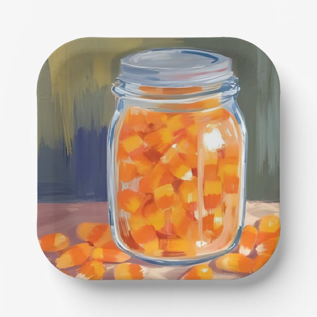Candy Corn Jar | Happy Halloween  Paper Plate (Front)