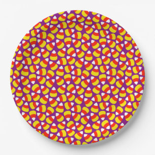 Candy Corn Pattern Purple Halloween Paper Plate