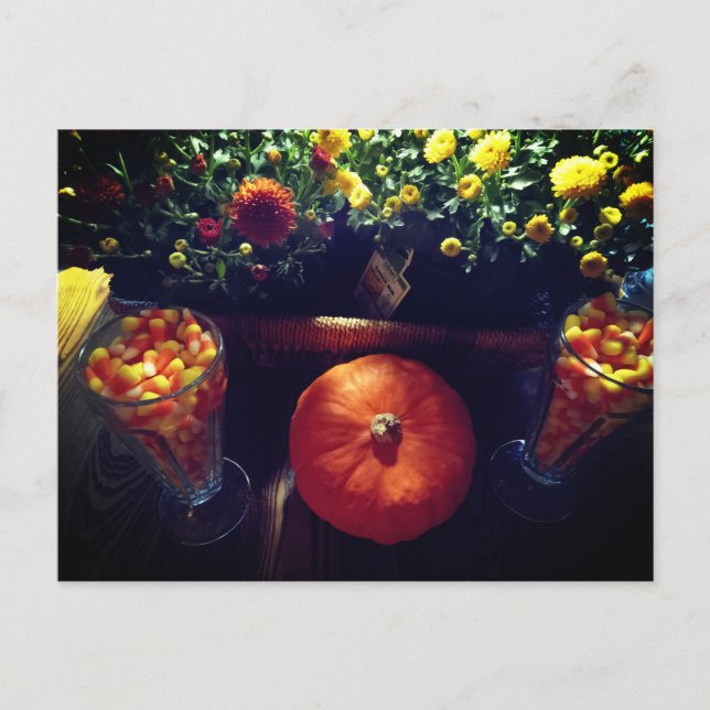 Candy corn pumpkin mums table scape postcard (Front)