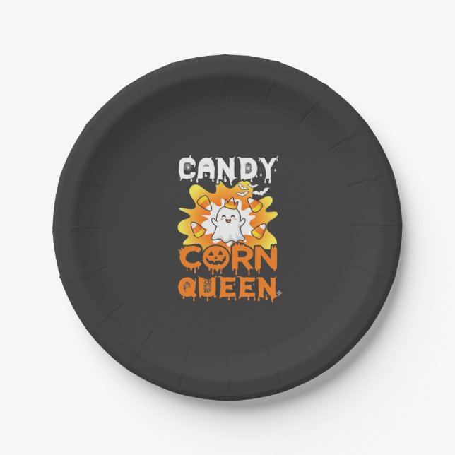 Candy Corn Queen Halloween Ghost Bats Spider Web Paper Plate (Front)