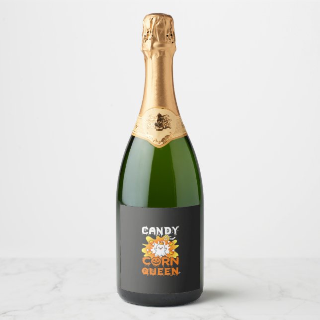 Candy Corn Queen Halloween Ghost Bats Spider Web Sparkling Wine Label (Front)
