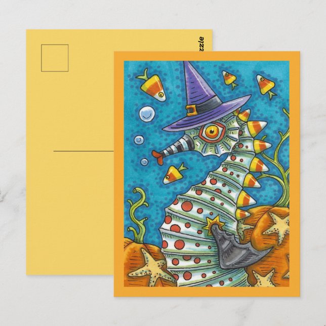 CANDY CORN SEAHORSE, UNDER THE SEA HALLOWEEN FISH POSTCARD (Front/Back)