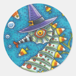 CANDY CORN SEAHORSE WITCH, UNDER THE SEA HALLOWEEN CLASSIC ROUND STICKER