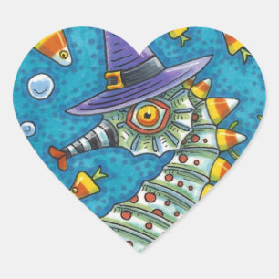 CANDY CORN SEAHORSE WITCH, UNDER THE SEA HALLOWEEN HEART STICKER