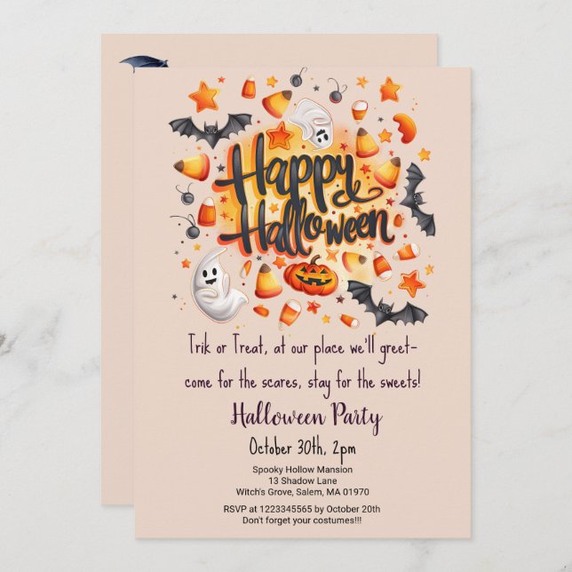 Candy Corn Trick or Treat Bats Halloween Party  Invitation (Front/Back)