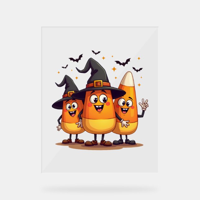 Candy Corn Trio – Funny Halloween Characters Acrylic Sign (Front)