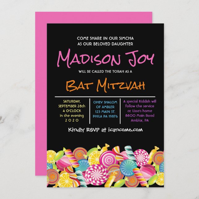 CANDY COUTURE Pink Bat Mitzvah Invitation (Front/Back)
