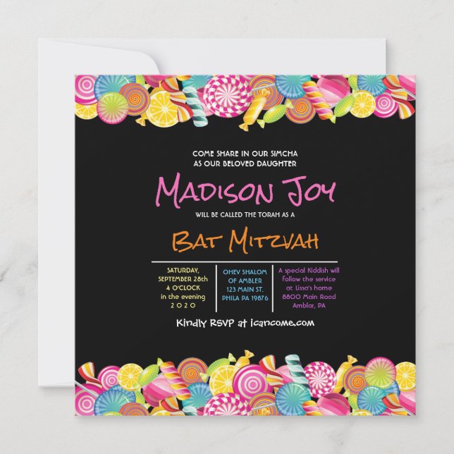 CANDY COUTURE Pink Bat Mitzvah Invitation (Front)