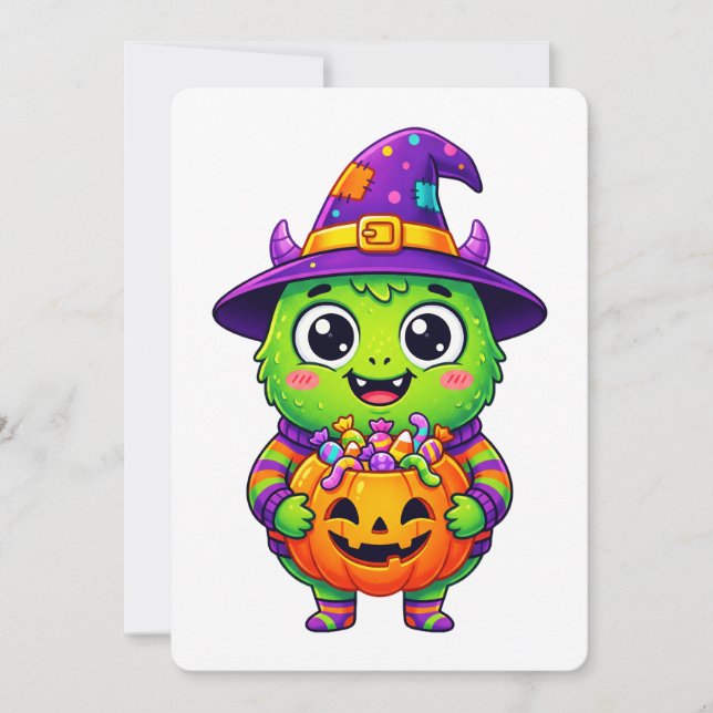 Candy Creature Witch with Pumpkin Invitation (Front)