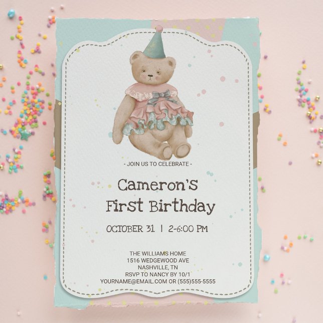 Candy Cute Bear First Birthday Invitation (Creator Uploaded)