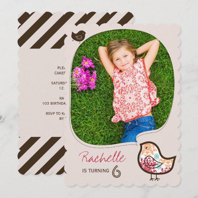 Candy Damask Bird Photo Girl Birthday Party Invite (Front/Back)