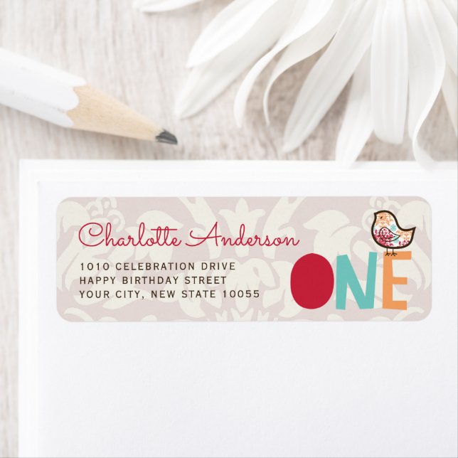 Candy Damask Chick Girl 1st Birthday Address Label (Insitu)