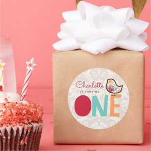 Candy Damask Chick Girl 1st Birthday Party Favour Classic Round Sticker