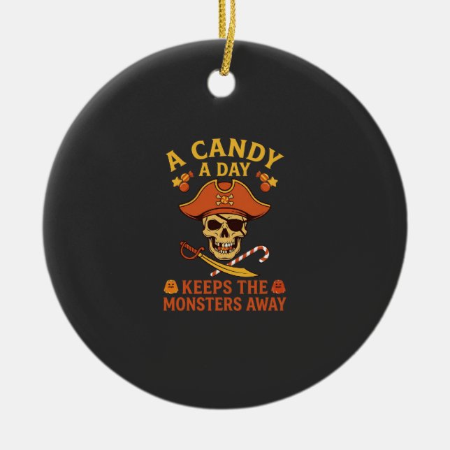 Candy Day Halloween Pirate Skull Cane Ceramic Tree Decoration (Front)