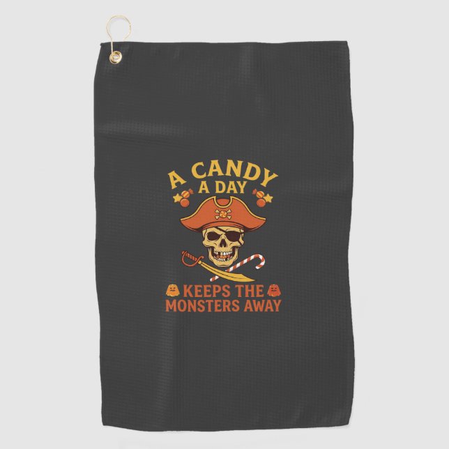Candy Day Halloween Pirate Skull Cane Golf Towel (Front)