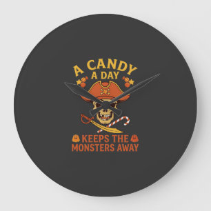 Candy Day Halloween Pirate Skull Cane Large Clock