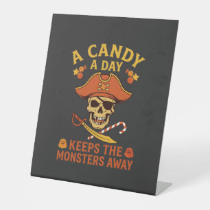 Candy Day Halloween Pirate Skull Cane Pedestal Sign