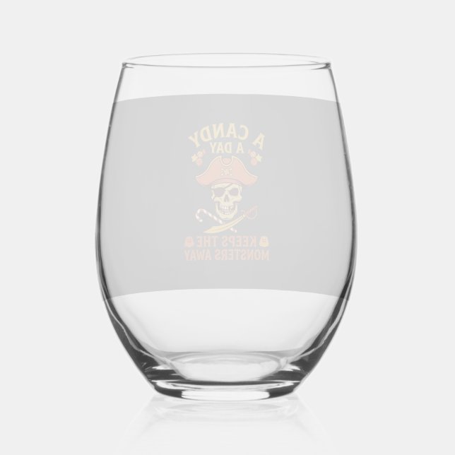 Candy Day Halloween Pirate Skull Cane Stemless Wine Glass (Front)