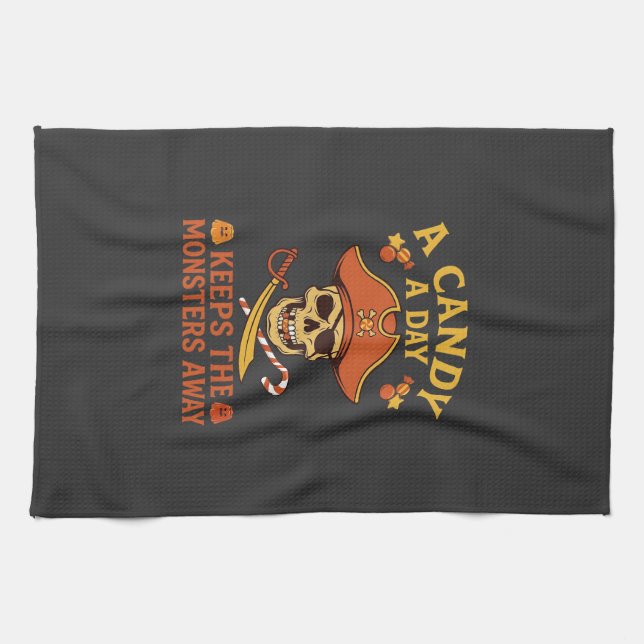 Candy Day Halloween Pirate Skull Cane Tea Towel (Horizontal)