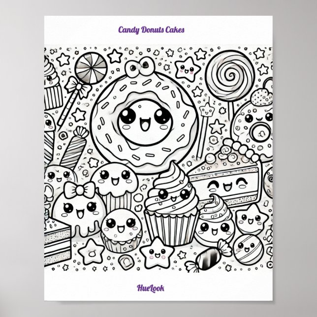 candy doughnuts cakes colouring page poster (Front)