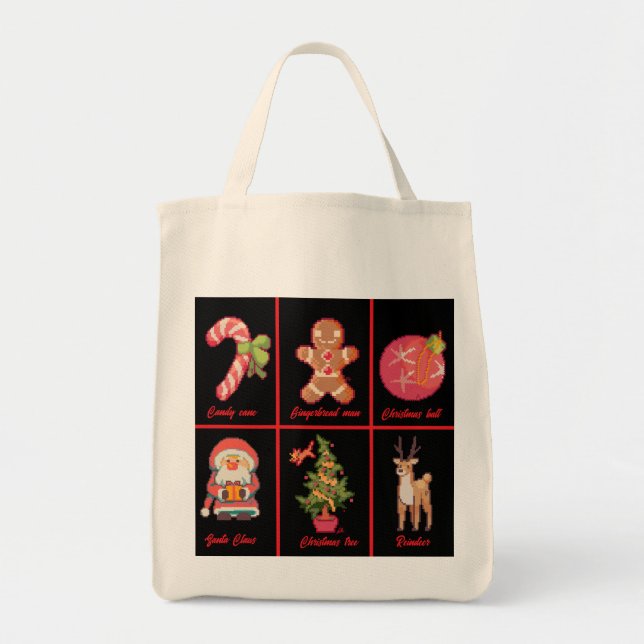 Candy, Gingerbread, Christmas, tree, Pixel Art Tote Bag (Front)