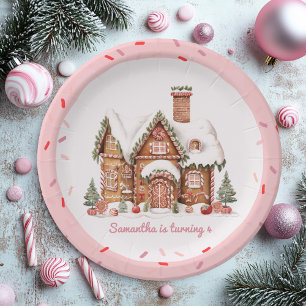 "Candy Gingerbread House Pink Birthday  Paper Plate