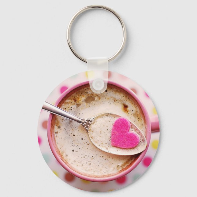 Candy heart coffee cappuccino white pink mug key ring (Front)