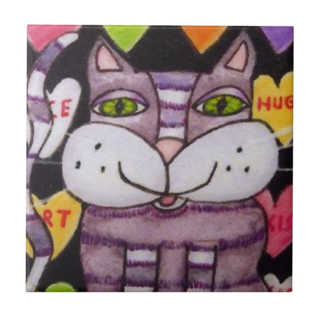 Candy Heart Purple Cat Valentine Tile (Front)