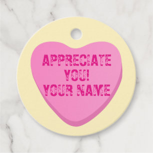 Candy Heart with Custom Text-Pink Heart on Yellow Favour Tags