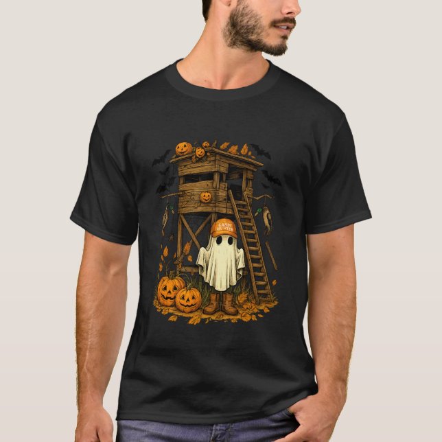 Candy Hunter Ghost Deer Stand Funny Halloween Hunt T-Shirt (Front)