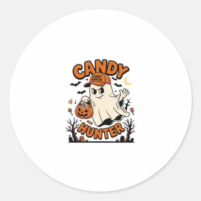 Candy Hunter Halloween Ghost Pumpkin Bucket_1 Classic Round Sticker (Front)