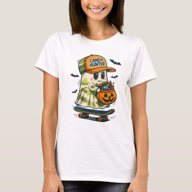 Candy Hunter Skateboarding Ghost Halloween T-Shirt (Front)