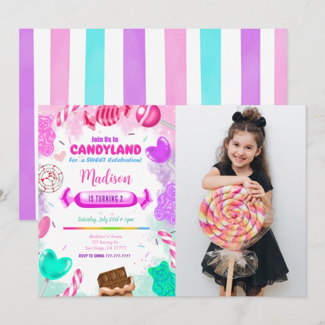 Candy land Birthday Photo Invitation (Front/Back)